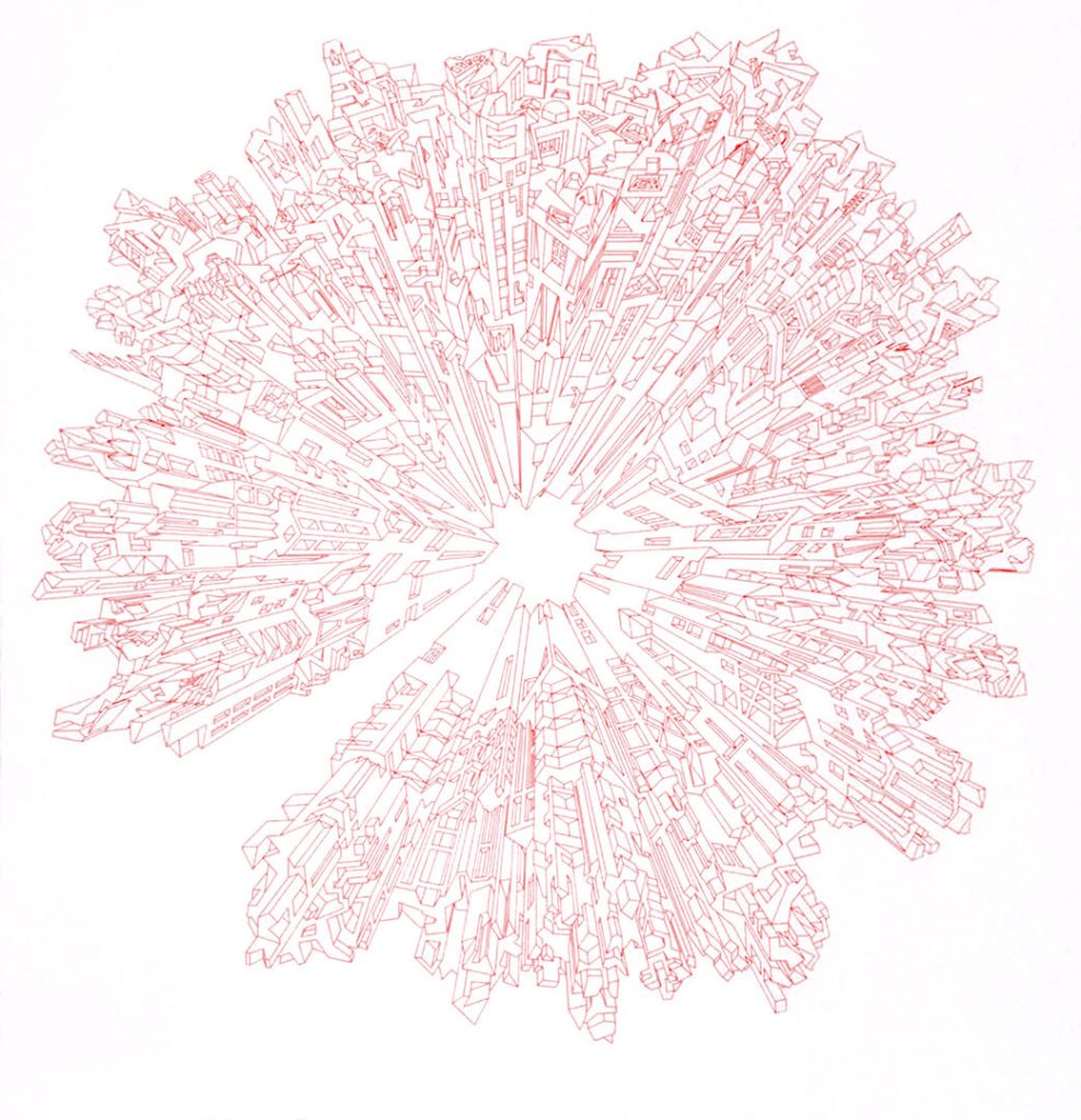JoeNeill-RedUtopia-Dessin encre de chine sur papier 120x115 cm